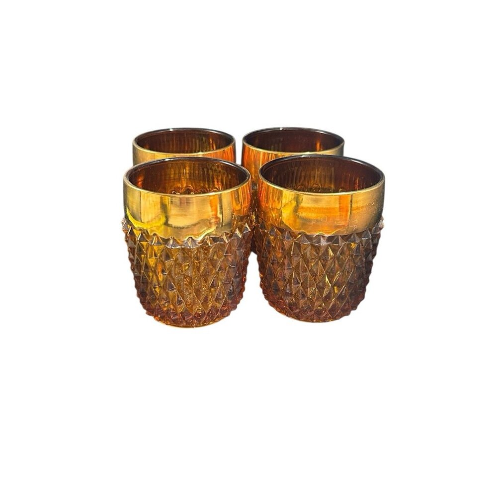 Vintage INDIANA GLASS AMBER DIAMOND POINT On The Rocks 24k Gold Band Set of 4